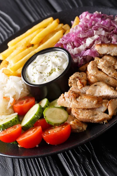 Delicious Chicken Shawarma Vegetables Sauce Serving Plate Close Table Vertica — Stock Photo, Image
