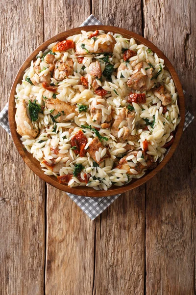 Italian Pasta Orzo Grilled Chicken Dried Tomatoes Spinach Cheese Close — Stock Photo, Image