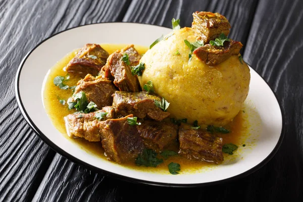 Mofongo Tradițional Plantain Usturoi Chicharron Servit Carne Bulion Aproape Farfurie — Fotografie, imagine de stoc