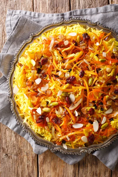 Pilaf Azafrán Con Frutas Secas Zanahorias Ralladura Naranja Especias Nueces — Foto de Stock