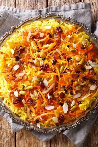 Персидский Вкусный Плов Javaher Polow Драгоценный Рис Сухофруктами Морковью Апельсиновой — стоковое фото