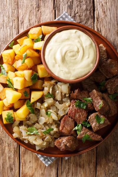 Carne Rydberg Com Cebolas Cozidas Batatas Fritas Com Molho Mostarda — Fotografia de Stock