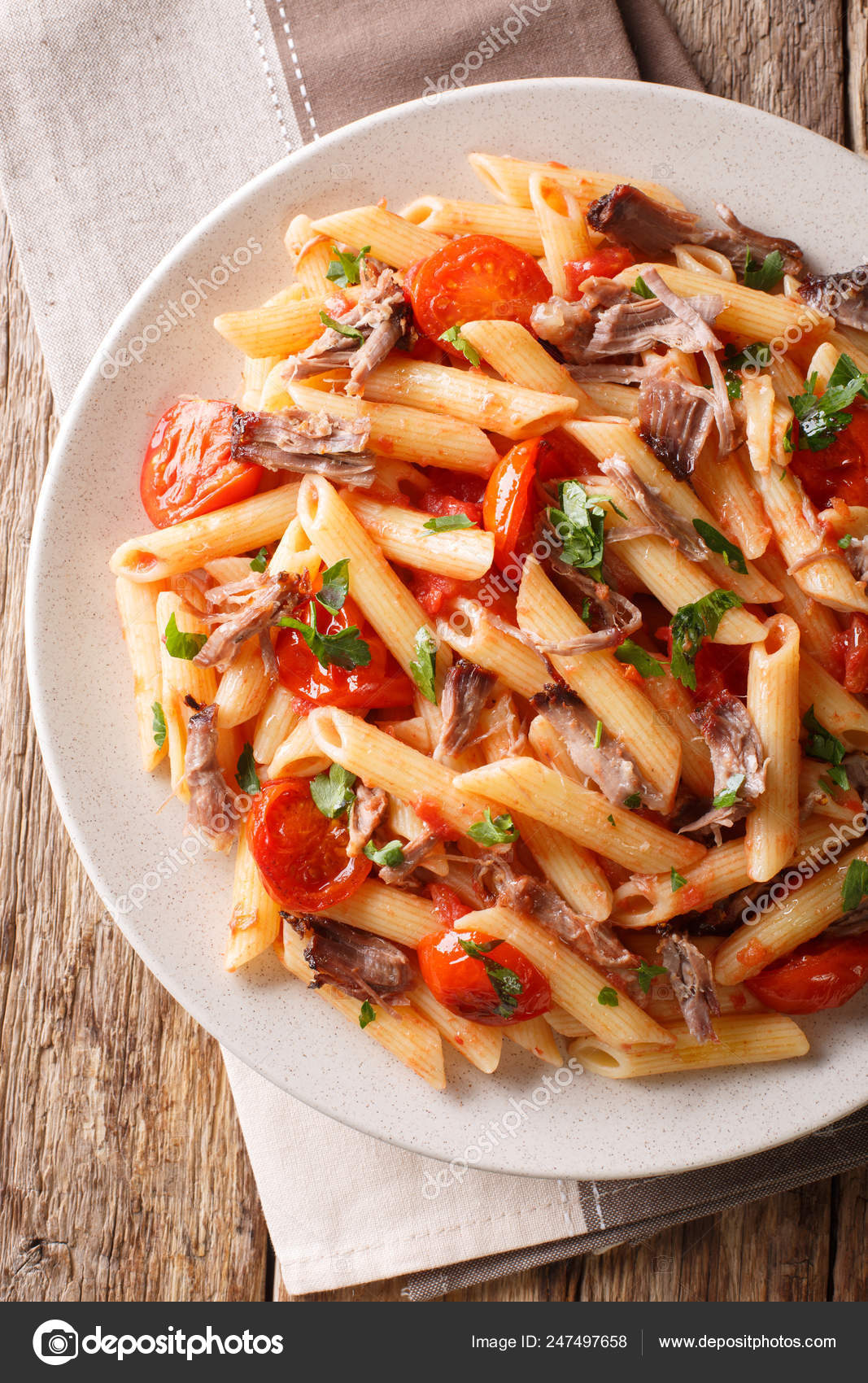 Italian penne pasta with pulled pork, cheese, tomato sauce and h
