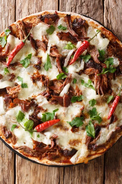 Pizza di maiale tirata piccante con mozzarella, erbe aromatiche e barbecue — Foto Stock