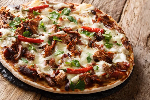 Pizza caseira com porco puxado, queijo, pimenta e churrasco saú — Fotografia de Stock