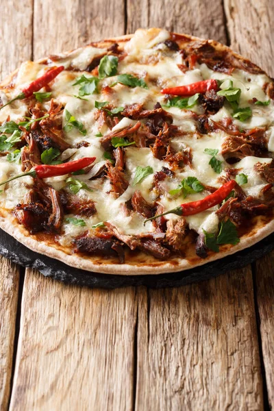 Pizza di maiale tirata piccante con mozzarella, erbe aromatiche e barbecue — Foto Stock