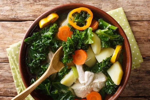 Sup ayam dengan kale dan sayuran close-up dalam mangkuk. cakrawala — Stok Foto