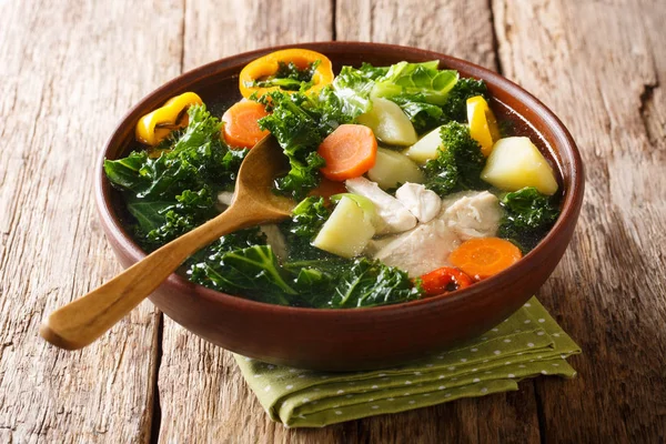 Receta de sopa de verduras fácil con col rizada y pollo de cerca en una b —  Fotos de Stock