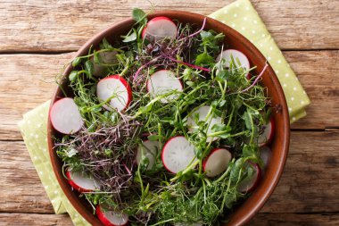 Bir yay mikro yeşil karışımı yakın çekim ile Organik gıda turp salatası