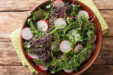 Bir yay mikroyeşil karışımı yakın çekim ile Taze vitamin turp salatası