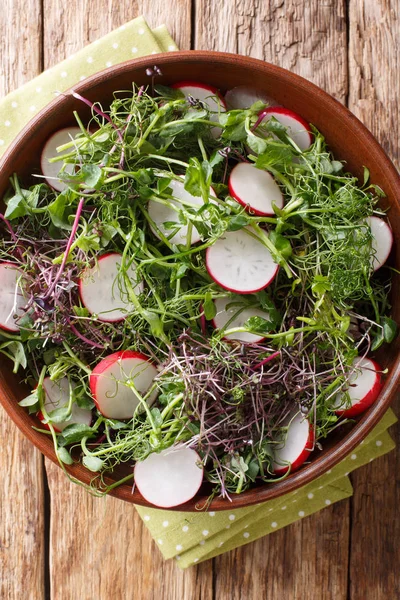 Fresh vitamin radish salad with microgreen mix close-up in a bow — Stock Photo, Image