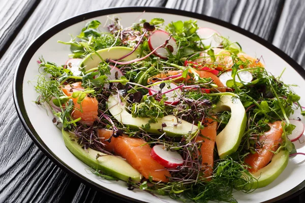 Dieet voorjaar salade van rode vis, avocado, radijs en meng micro — Stockfoto