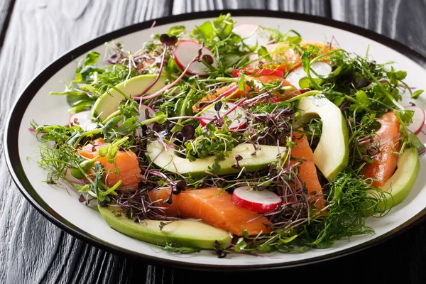 Vers bereide salade van rode vis, avocado, radijs en een mix van — Stockfoto