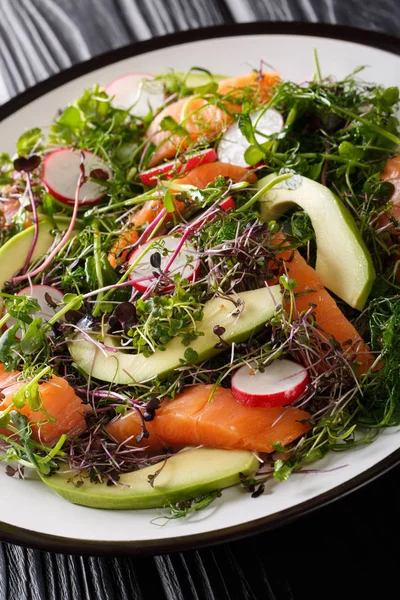 Salată proaspătă cu somon sărat, avocado, ridiche și microverde c — Fotografie, imagine de stoc