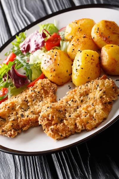 Fried pork steak in sesame breaded with new potatoes and salad c — Stock Photo, Image