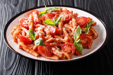 Domates soslu lezzetli Casarecce makarna bölümü, peynir ve b