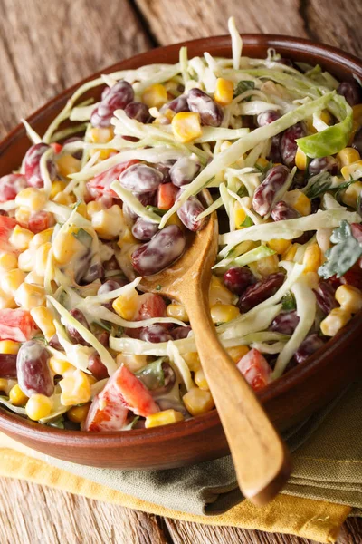 Insalata di insalata di insalata messicana con fagioli, mais, pepe ed erbe closeu — Foto Stock