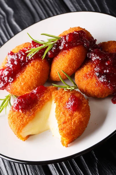 Delicious Baked Camembert Cheese Breaded with Cranberry Sauce an — Stock Photo, Image