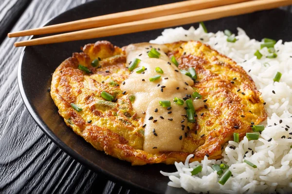 Egg foo yong fried egg patty containing vegetables  and meat wit