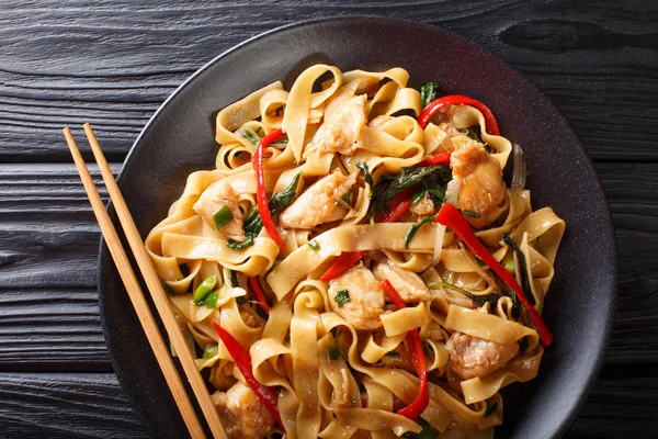Drunken noodles pad kee mao with chicken, basil, chili pepper an — Stock Photo, Image