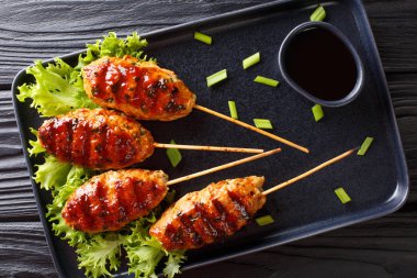 Tsukune (Japon tavuk köftesi) bir plakada ızgara yakın çekim