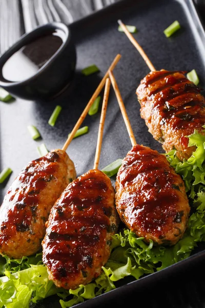 Tsukune sont des boules de viande de poulet japonaises avec une sorte de Teriyaki — Photo