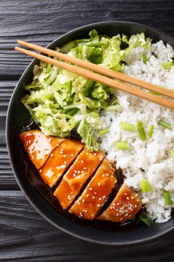 Bir tabakta pirinç garnitür ve salata yakın çekim ile Teriyaki tavuk