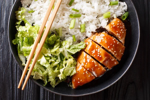 Portion of teriyaki chicken fillet with rice and lettuce close-u