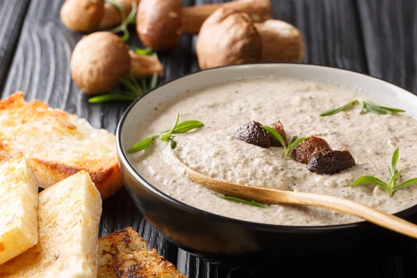 Sopa fragante con champiñones porcini frescos y tomillo de cerca en — Foto de Stock