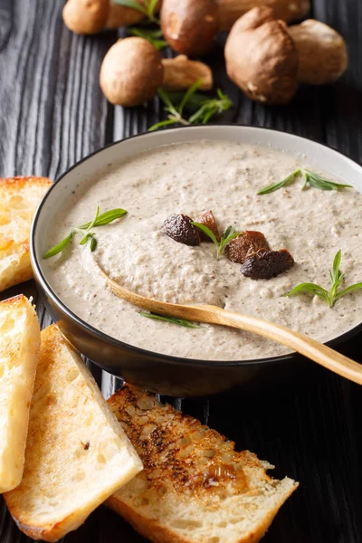 Sopa de puré con champiñones porcini frescos y tomillo de cerca en un — Foto de Stock