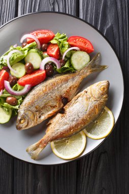 taze sebze salatası yakın çekim ile kızarmış Salema porgy deniz balığı 