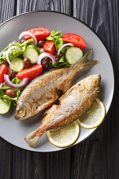 Fried Salema porgy sea fish with fresh vegetable salad close-up — Stock Photo, Image