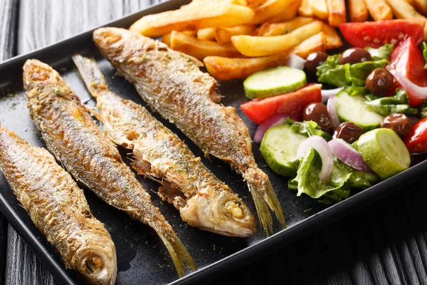 Fried boops boops fish with fresh vegetable salad and french fri — Stock Photo, Image
