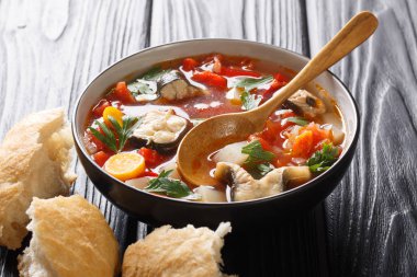 Bir kase yılan balığı ve sebze kapatmak ile kalın domates balığı çorbası