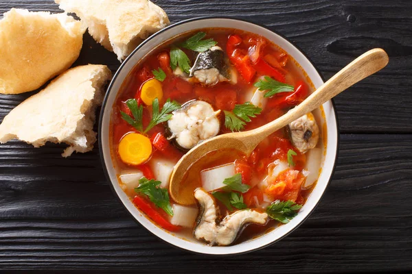 Sopa de anguila con tomates, papas, zanahorias, cebollas, pimientos y h — Foto de Stock