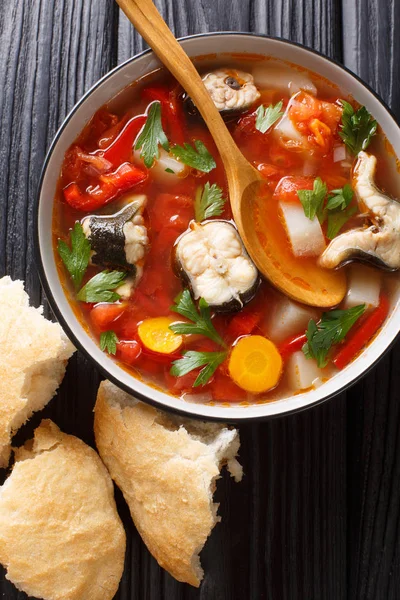 Sopa de peixe picante com enguia, tomates e outros vegetais close-up — Fotografia de Stock