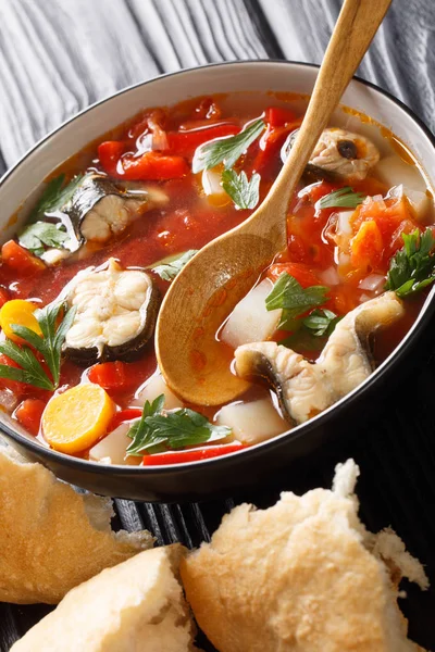 Sopa de pescado picante con anguila, tomates y otras verduras de cerca —  Fotos de Stock