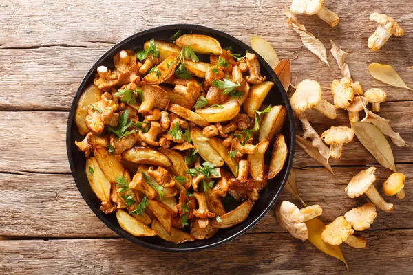 Deliciosas papas fritas con rebozuelos de cerca en un plato . —  Fotos de Stock