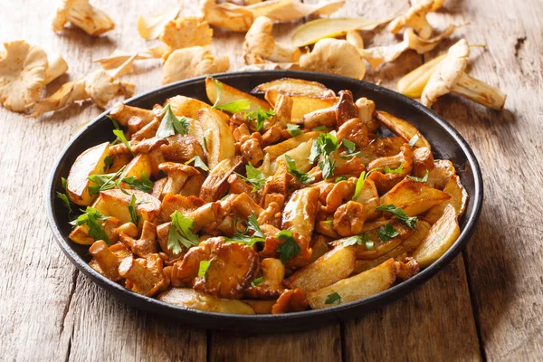 Hearty meal fried potatoes with garlic and mushrooms chanterelle — Stock Photo, Image