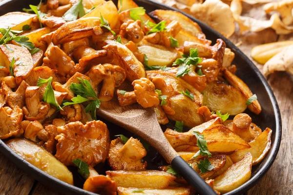 Deliziose patate fritte con finferli primo piano su un piatto . — Foto Stock