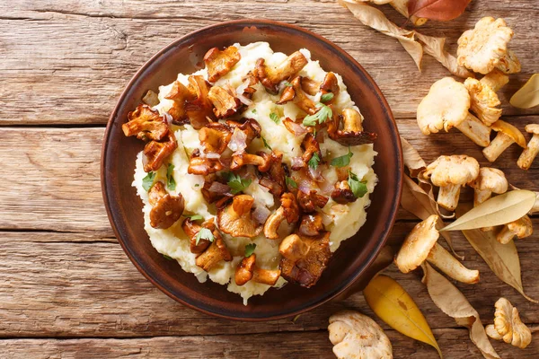 Chanterelle forest mushrooms with potato garnish, onions and par — Stock Photo, Image