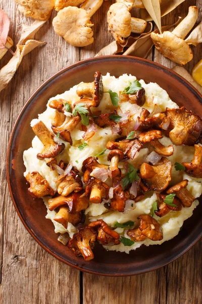 Traditional mashed potatoes with fried chanterelles, onions and — Stock Photo, Image