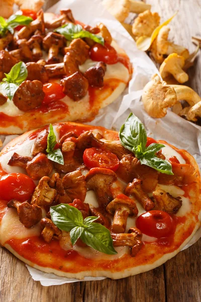 Mini pizza with chanterelle mushrooms, mozzarella cheese, tomato — Stock Photo, Image