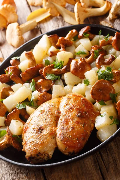 Печёная куриная грудка с картошкой и кантереллами крупным планом — стоковое фото