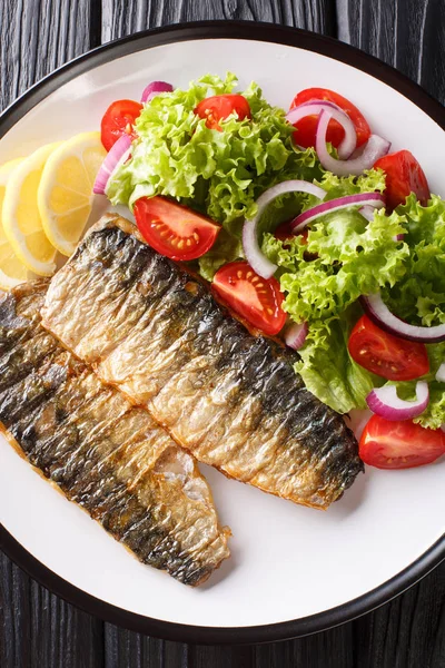 Grilled mackerel fillet with fresh salad and lemon close-up on a — Stock Photo, Image