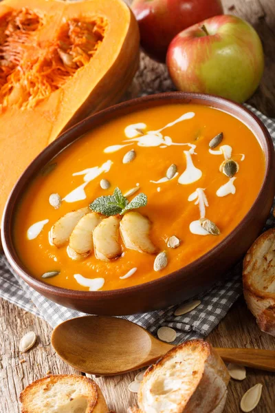 Pumpkin apple puree soup with seeds, yogurt and mint closeup. ve — Stock Photo, Image