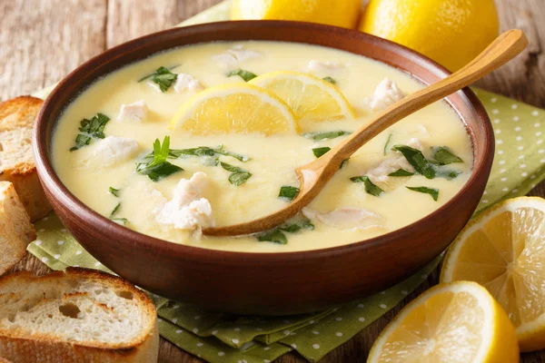 Gruesa sopa de limón griega aromática con pollo y pasta de orzo clos —  Fotos de Stock