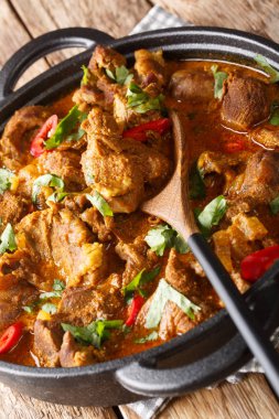 Hint baharatlı güveç Kuzu rogan josh bir tavada closeup. Dikey