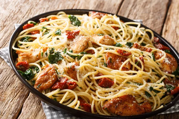 Espaguetis cocidos con tomates secos, trozos de pollo, parmesa — Foto de Stock
