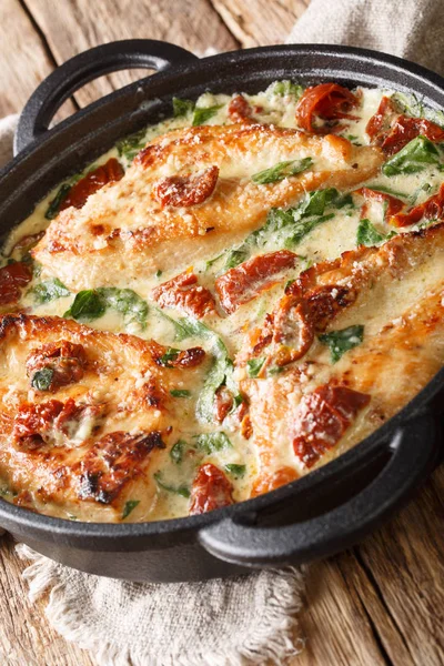 Roasted chicken breast in a creamy sauce with sun-dried tomatoes — Stock Photo, Image